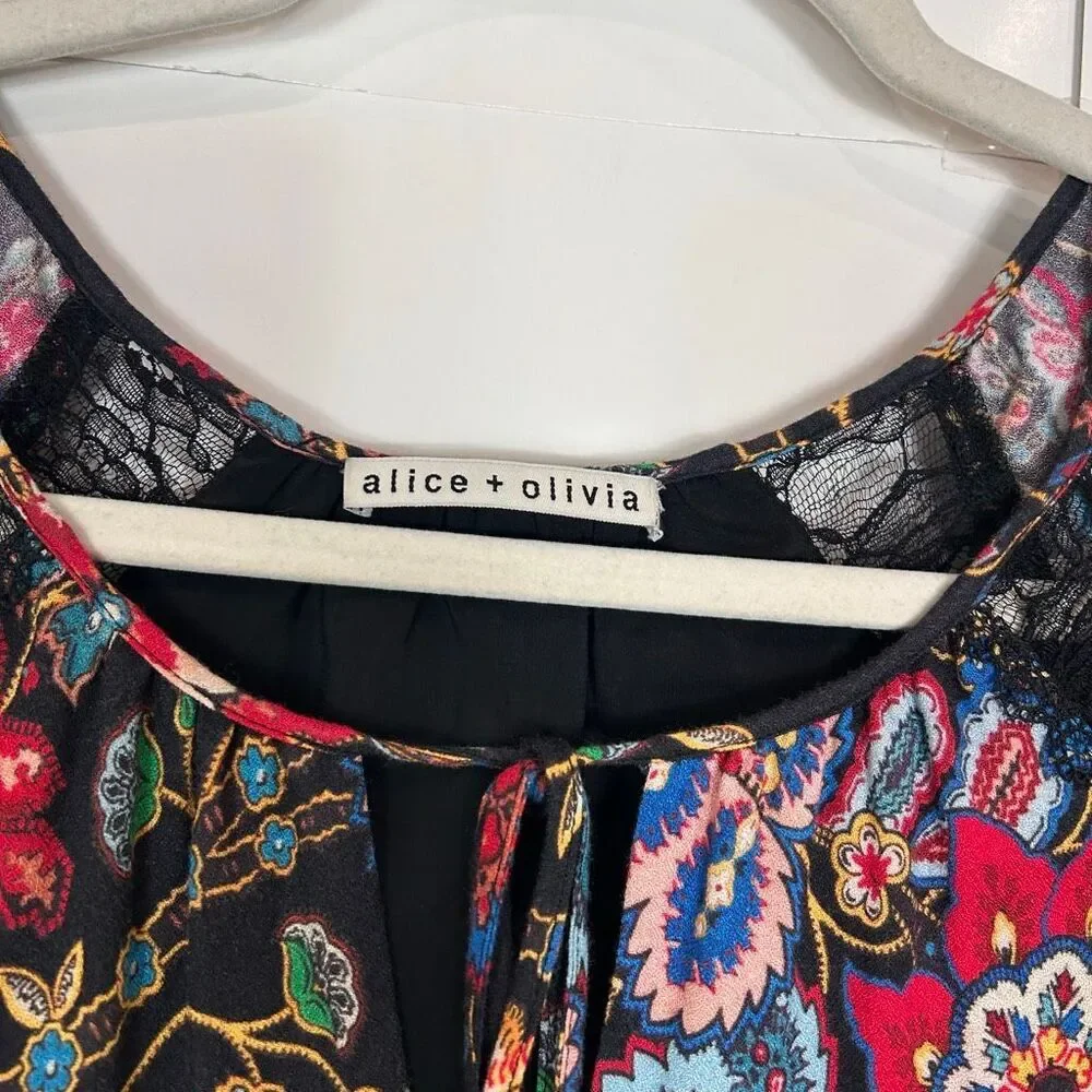 Alice + Olivia Lakita Tunic Dress Small Black Floral Long Sleeve Tiered Lace Boh - Picture 3 of 16